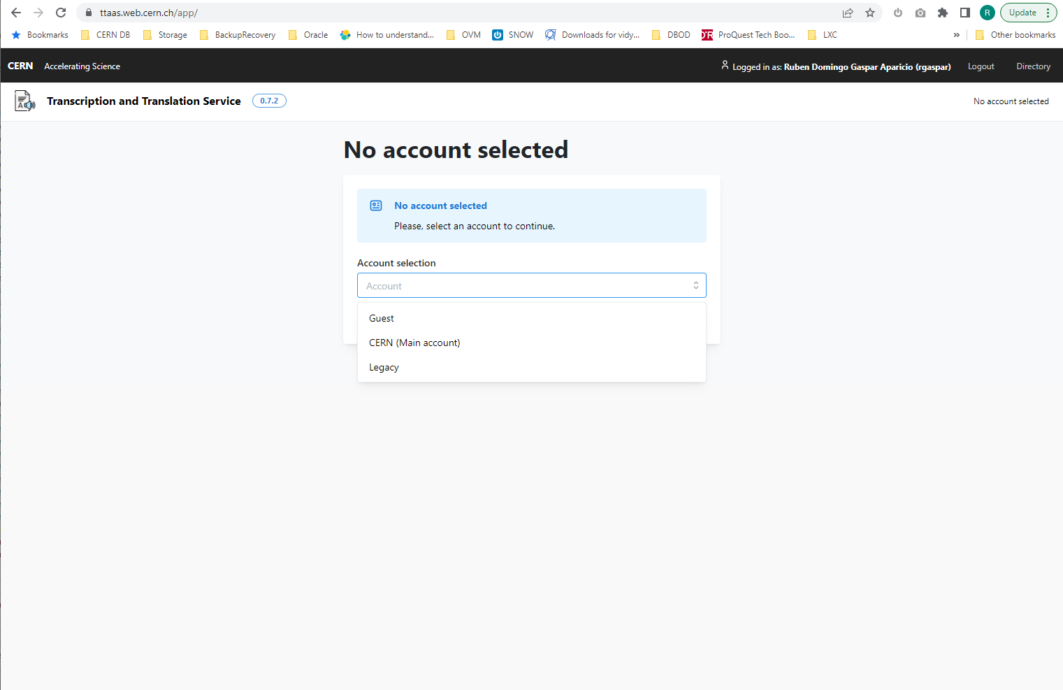 Account selection page