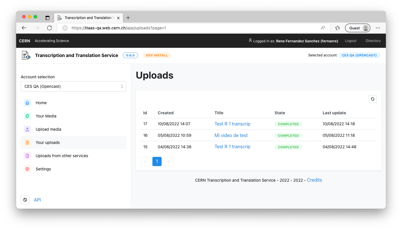 Uploads page
